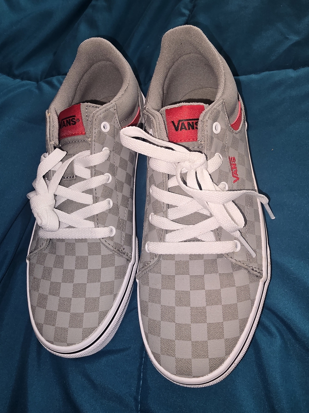 Vans Gray Checkerboard Low Tops with Red Accents